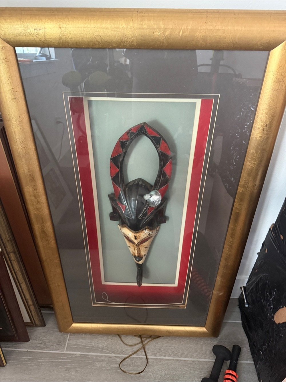 Framed Decorative Tribal Mask Wall Art in Red, Black & Cream